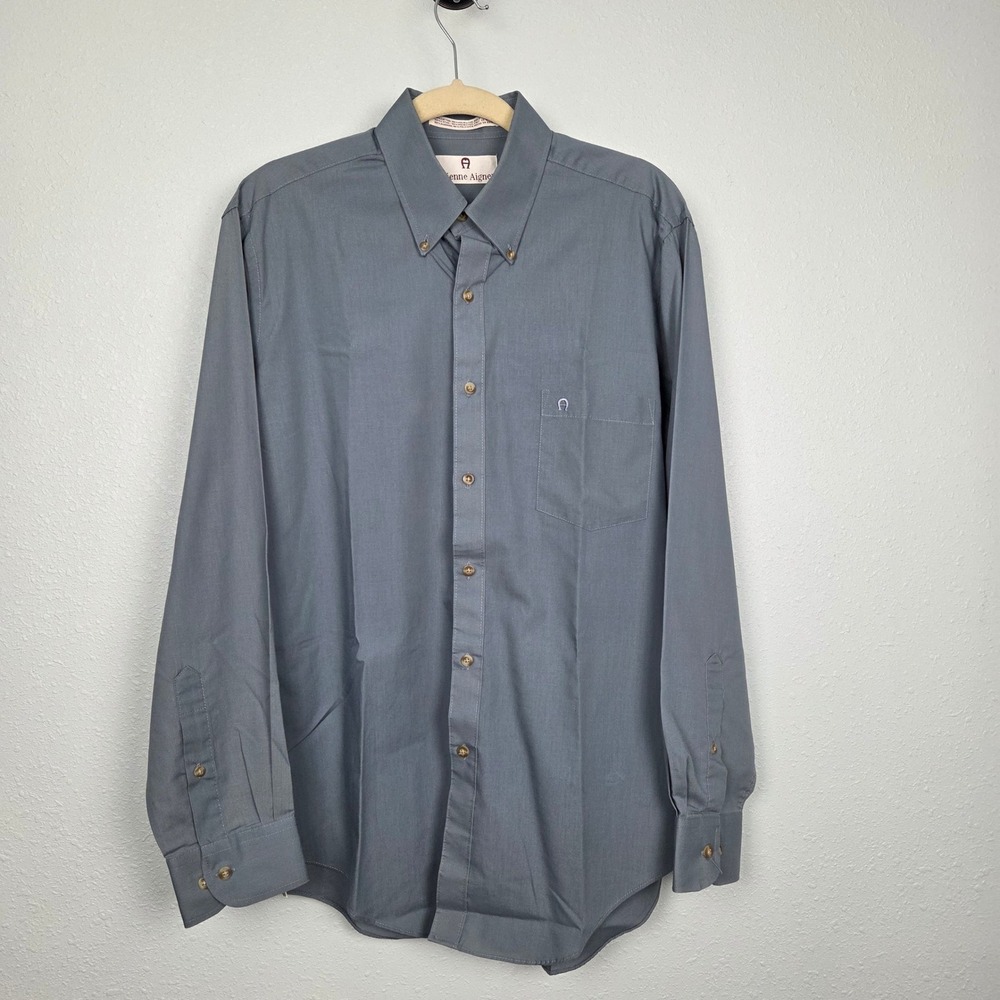 Button Down Etienne Aigner Mens 16.5 34/35 Blue Long Sleeve Logo Shirt